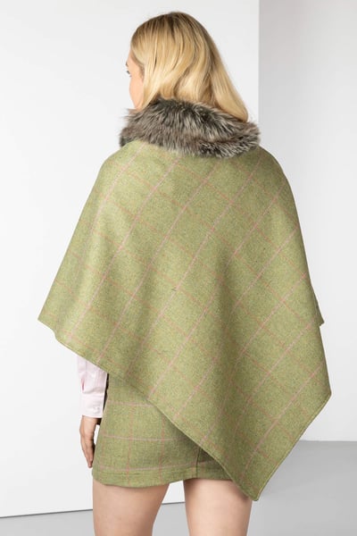 Ladies Wool Tweed Poncho With Faux Fur - Light Green/Silver