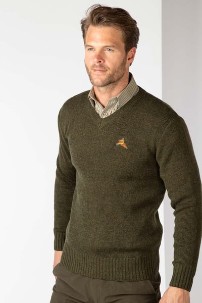 Men's Wykeham Pheasant V Neck Shooting Jumper - Olive Tweed