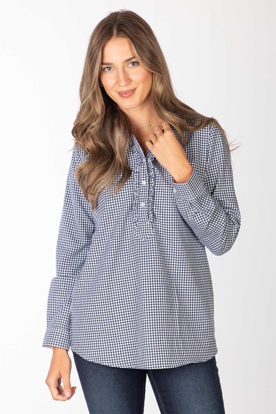 Ladies Hannah Overhead Gingham Ruffled Shirt - Poppy - Poppy Navy