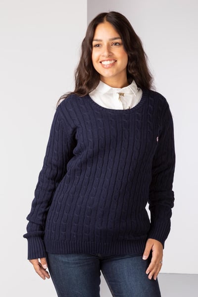 Damen Pullover mit Zopfmuster und Rundhalsausschnitt - Emma - Marine/Rosa