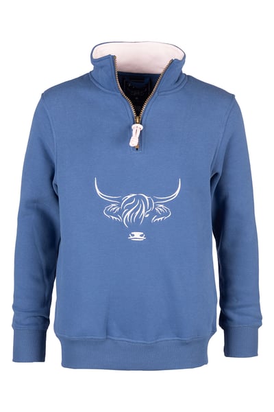 Mädchen-Sweatshirt mit Viertelreißverschluss - Byland - Hochlandrind, mittelblau