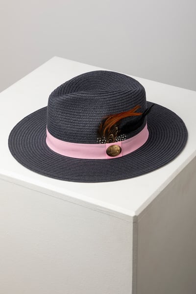 Ladies Panama Hat with Feather - Aislaby - Navy