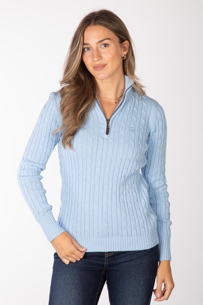 Pull en maille torsadée à fermeture éclair 1/4 pour femme - Emma - Bleu doux