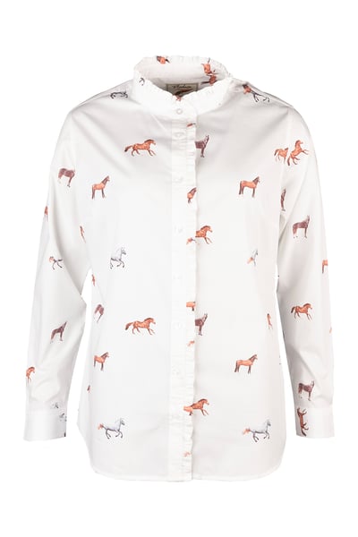 Ladies Oxford Cotton Ruffled Shirt - Ivy - Horse White