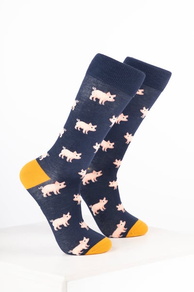 Men’s Bamboo Rich Animal Ankle Socks - Pink Pig Bleu marine