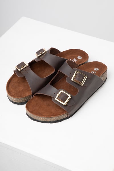 Ladies Leather Double Buckle Footbed Sandals - Harewood - Brown