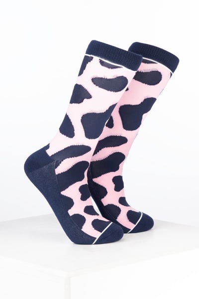 Damen-Knöchelsocken aus Bambusmaterial mit Kuhmuster - Kuh Zartrosa/Marineblau