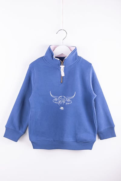 Mini Girls Quarter Zip Sweatshirt - Byland - Highland Cow Mid Blue