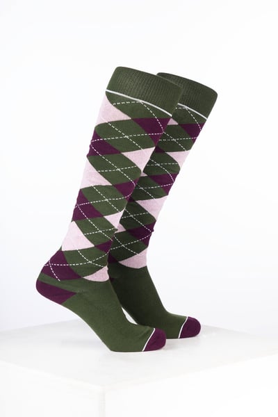 Women’s Bamboo Rich Argyle Riding Socks - Argyle Dark Olive/Dark Berry/Soft Pink