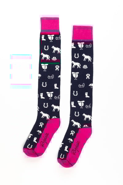 Ladies Horse Print Knee Length Riding Socks - Navy