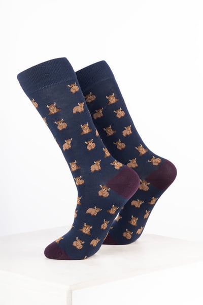 Women’s Bamboo Rich Cow Ankle Socks - Highland Cow Navy