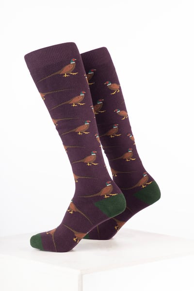 Women’s Bird Welly Socks - Walking Pheasant Dark Berry