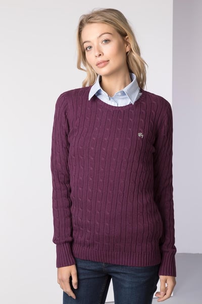 Damen Pullover mit Zopfmuster und Rundhalsausschnitt - Emma - Beere