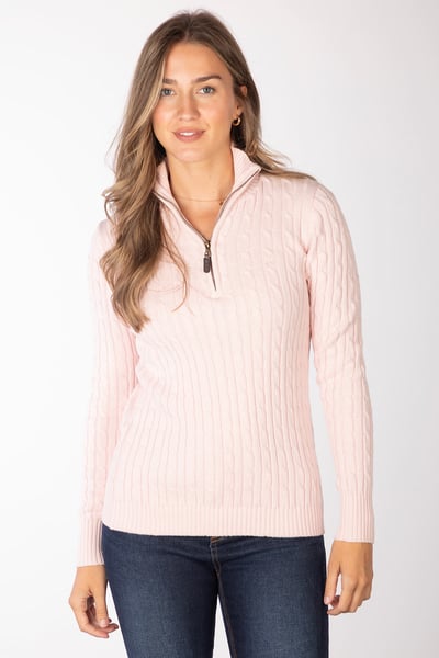 Pull en maille torsadée à fermeture éclair 1/4 pour femme - Emma - Rose doux