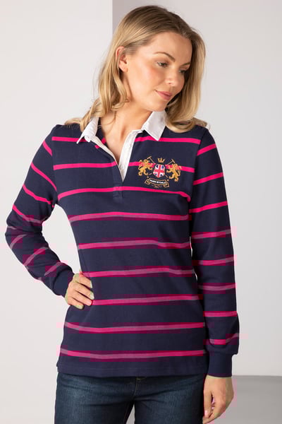 Ladies Striped Rugby Shirt - Ruby II - Navy/Bonbon