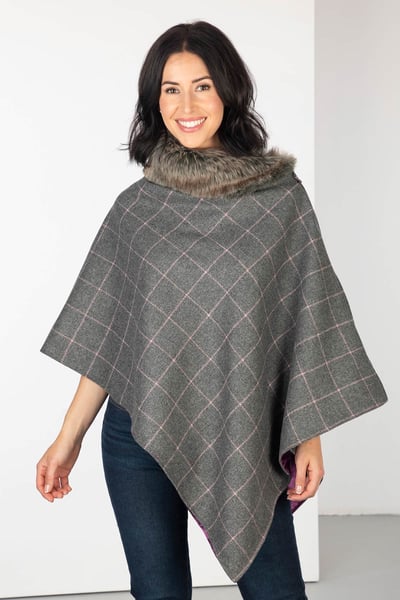 Ladies Wool Tweed Poncho With Faux Fur - Grey Check