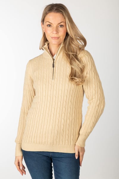 Ladies Quarter Zip Cable Knit Jumper - Emma - Beige