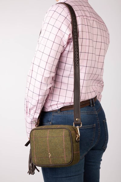 Bolso cruzado de mujer en tweed - Helmsley - Tweed Verde Oscuro/Trenzado