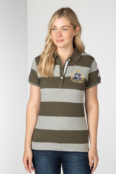 Ladies Striped Polo Shirt - Chloe - Khaki/Grey Marl
