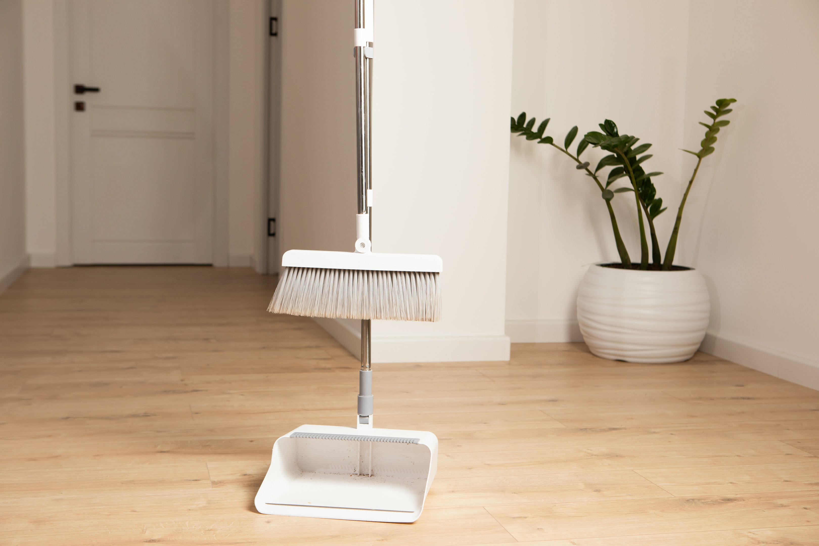 Long-handled dustpan and brush standing on a wooden hallway floor next to a potted plant