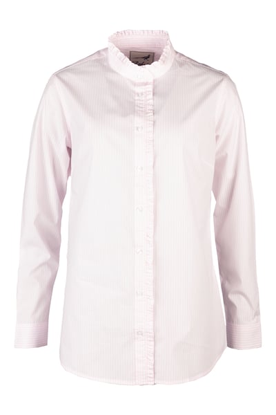 Ladies Oxford Cotton Ruffled Shirt - Ivy - Pink Stripe