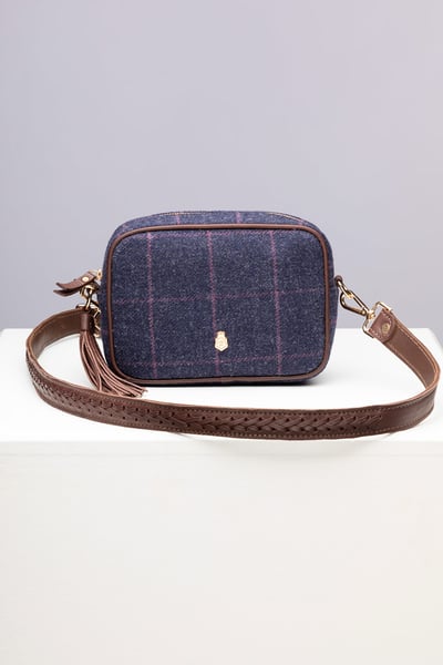 Bolso cruzado de mujer en tweed - Helmsley - Tweed azul marino/trenzado