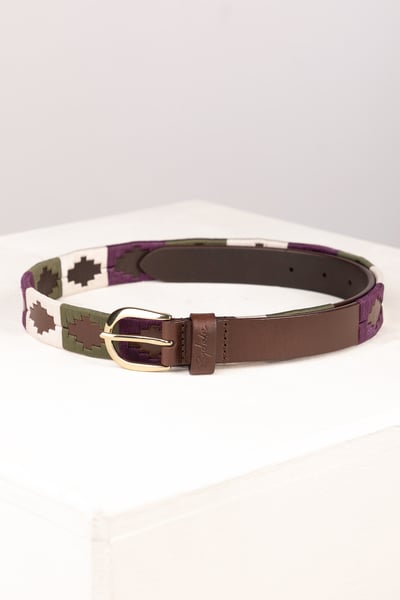 Ladies Slim Leather Polo Belt - Ripon - Olive/White/Berry