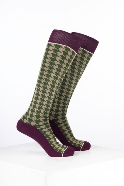 Women’s Bamboo Rich Checked Riding Socks - Houndstooth Dark Olive