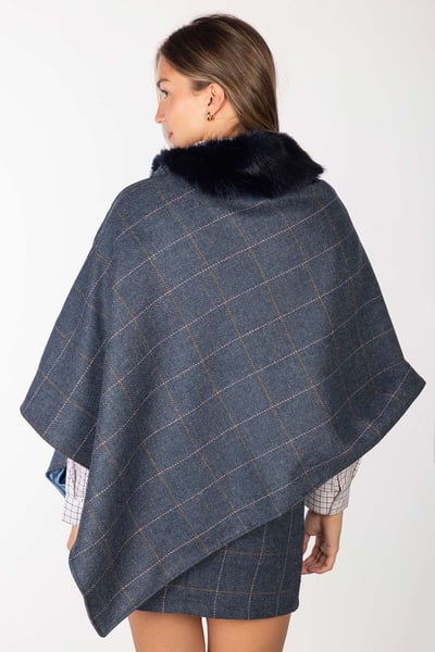 Ladies Wool Tweed Poncho With Faux Fur - Dark Blue Tweed