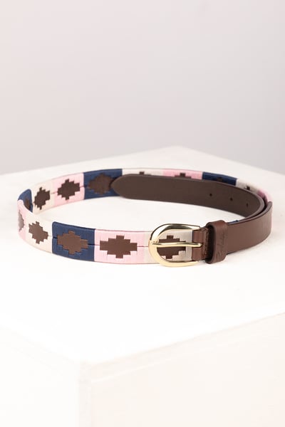 Ladies Slim Leather Polo Belt - Ripon - Denim/White/Sorbet