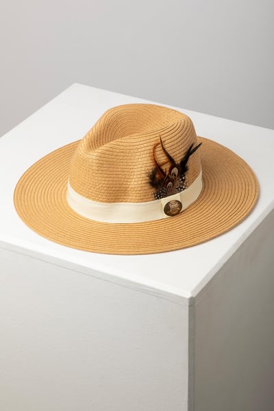 Ladies Panama Hat with Feather - Aislaby - Beige