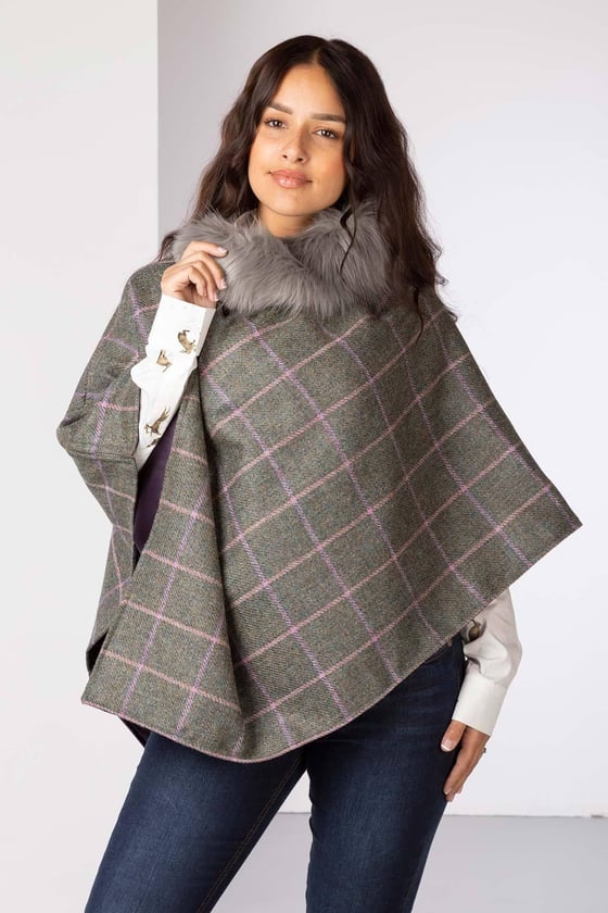 Womens 100% Tweed Poncho With Faux Fur Collar SE | Rydale