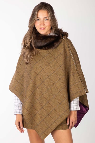 Ladies Wool Tweed Poncho With Faux Fur - Beige Tweed