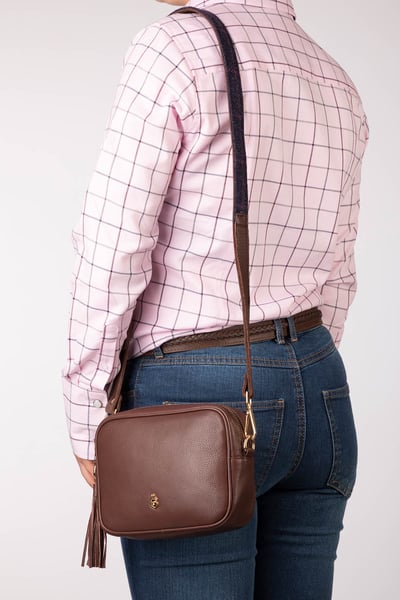 Damen-Leder-Umhängetasche - Louisa - Kastanie/Marineblauer Tweed