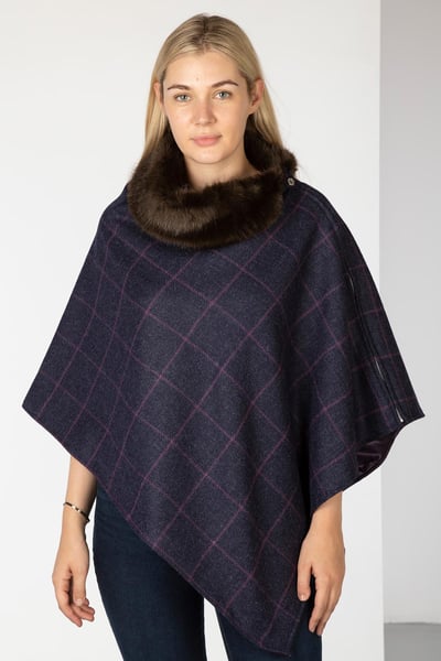 Ladies Wool Tweed Poncho With Faux Fur - Navy/Brown