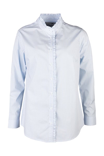 Ladies Oxford Cotton Ruffled Shirt - Ivy - Blue Gingham