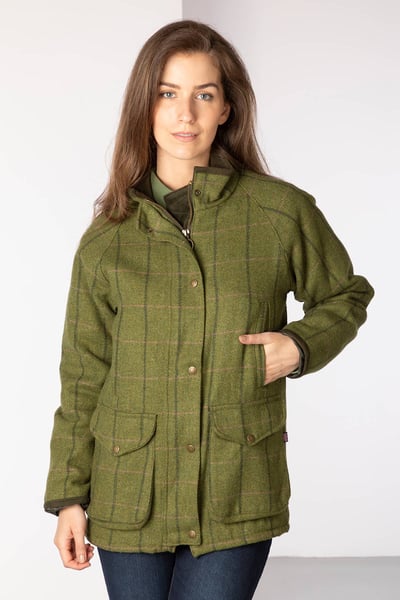 Langer Damen-Tweed-Mantel - Oliv / Rosa