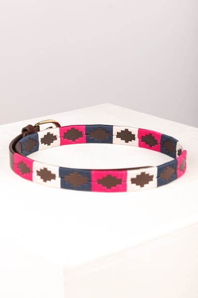 Ladies Slim Leather Polo Belt - Ripon - Navy/White/Bonbon