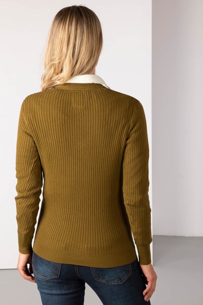 Ladies V Neck Ribbed Jumper - Gemma - Military Green