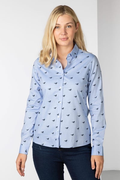 Ladies Oxford Cotton Printed Shirt -  Audrey II - Blue Horse