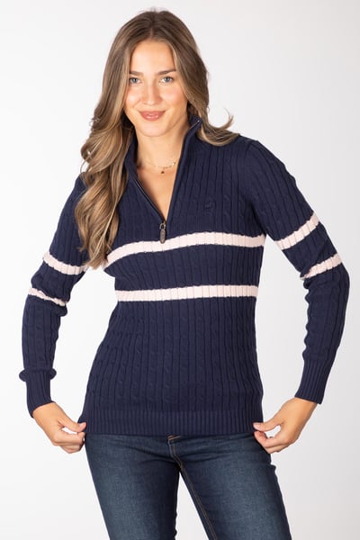 Pull rayé à fermeture éclair quart de tour pour femme - Emma - Bleu marine/rose pâle