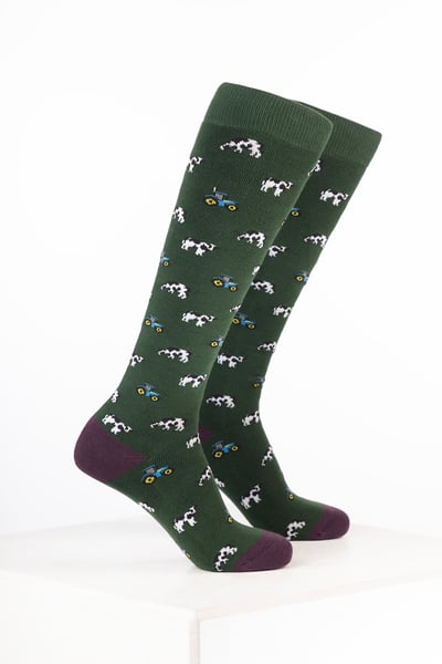 Damen-Bauernhof-Gummistiefelsocken - Traktor & Kuh Dunkeloliv