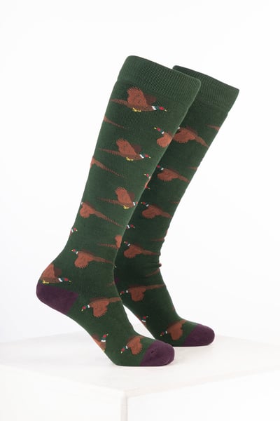 Women’s Bird Welly Socks - Flying Pheasant Dark Olive