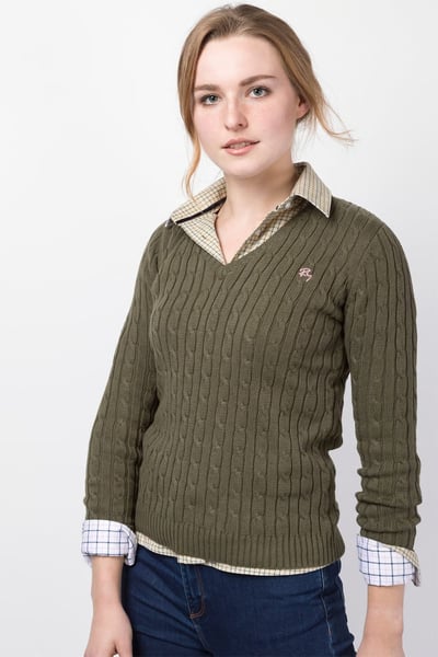 Ladies Emma V Neck Cable Knit Jumper - Khaki