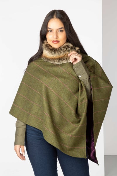 Ladies Wool Tweed Poncho With Faux Fur - Dark Green
