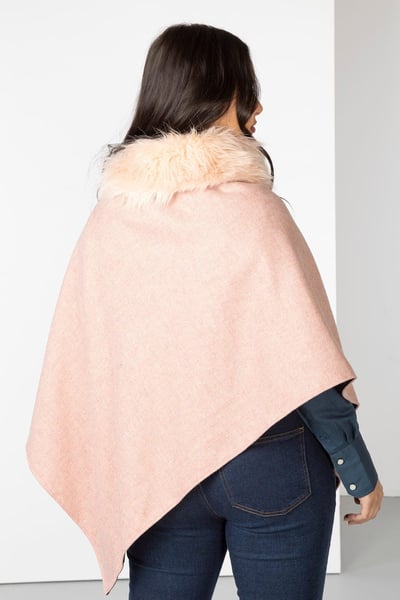 Ladies Wool Tweed Poncho With Faux Fur - Pink