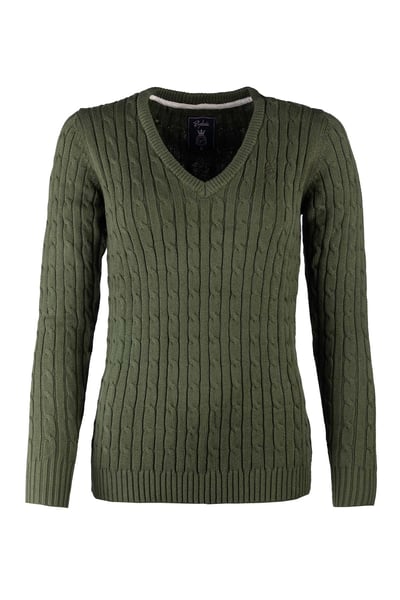 Ladies V Neck Cable Knit Jumper - Emma - Khaki