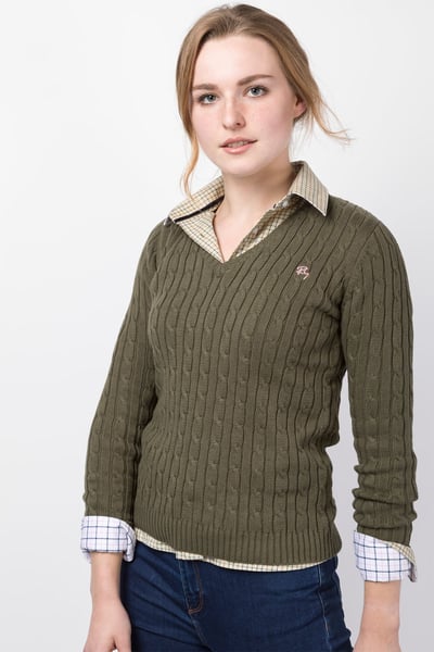 Pull en maille torsadée à col en V pour femme - Emma - Kaki