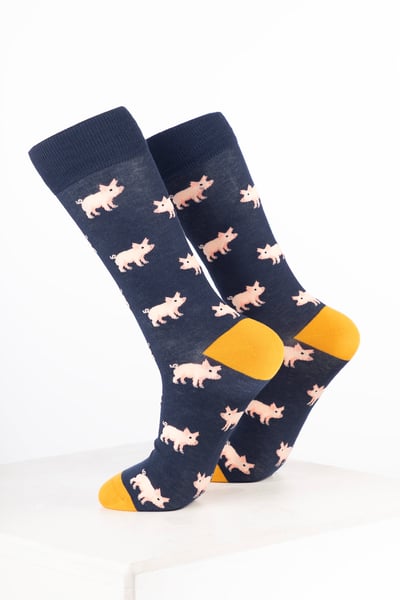 Men’s Bamboo Rich Animal Ankle Socks - Pink Pig Bleu marine