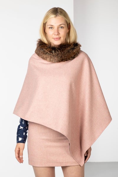 Ladies Wool Tweed Poncho With Faux Fur - Speckled Pink
